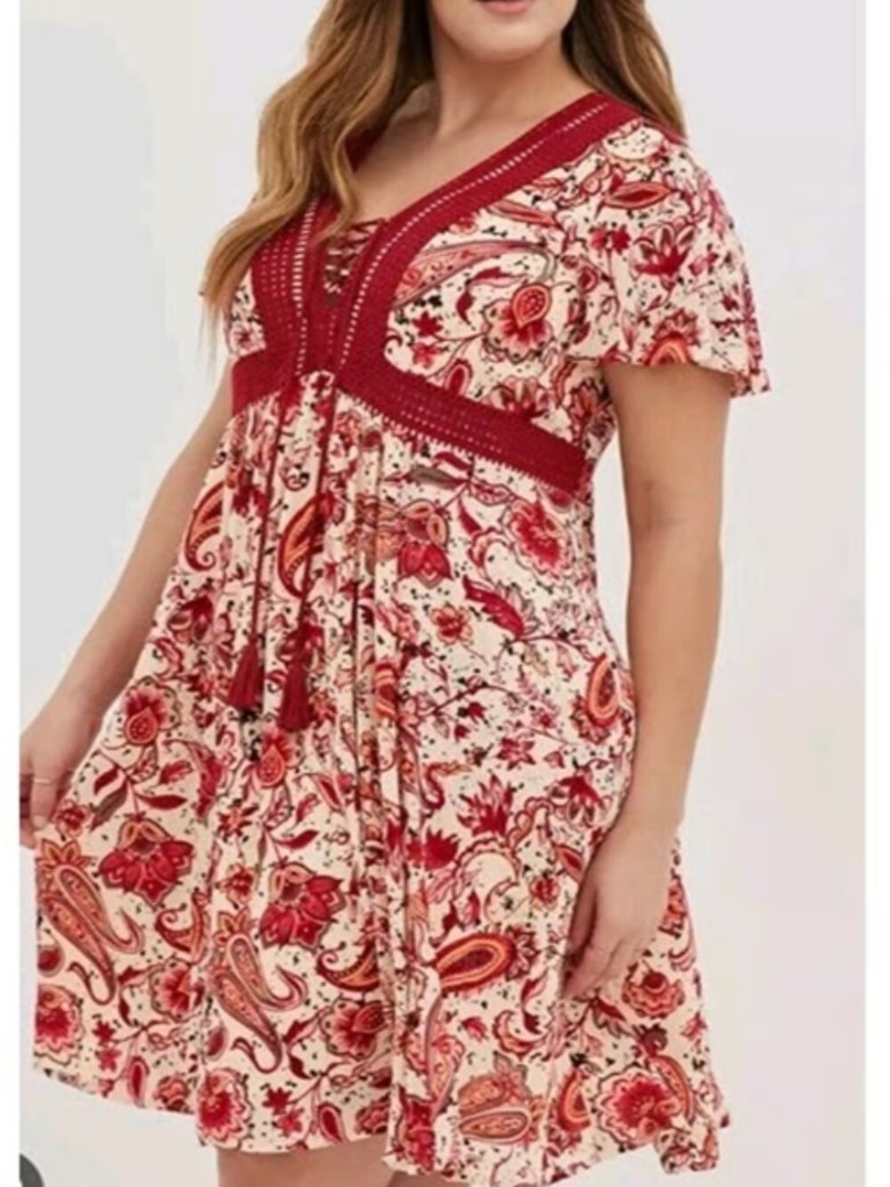 Torrid Paisley Lace Trim Lace Up Empire Waist Boho Dress Burgundy Plus Size 3
